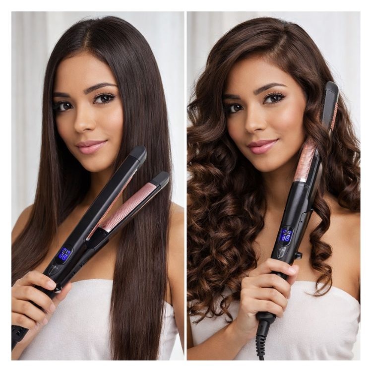 Plancha 2 En 1 crea cabello liso y rizado.